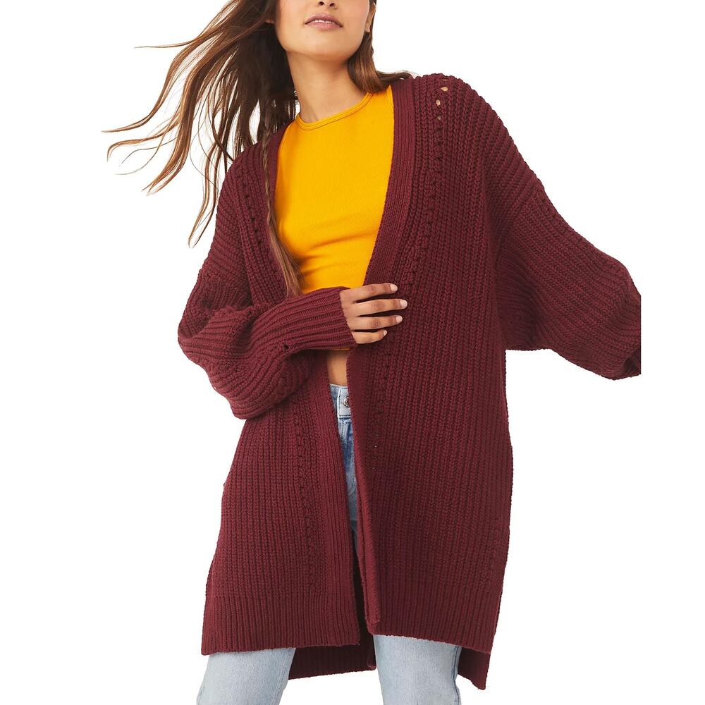Free People Women's Knit Cabernet Nightingale Cardi Slouchy‎ Oversized Lagenlook - Picture 2 of 12